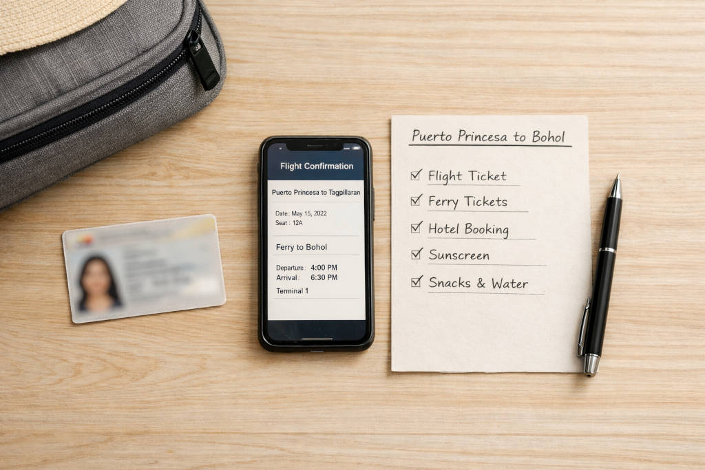 Puerto Princesa to Bohol low-stress travel planning essentials flat-lay with phone, ID, and checklist