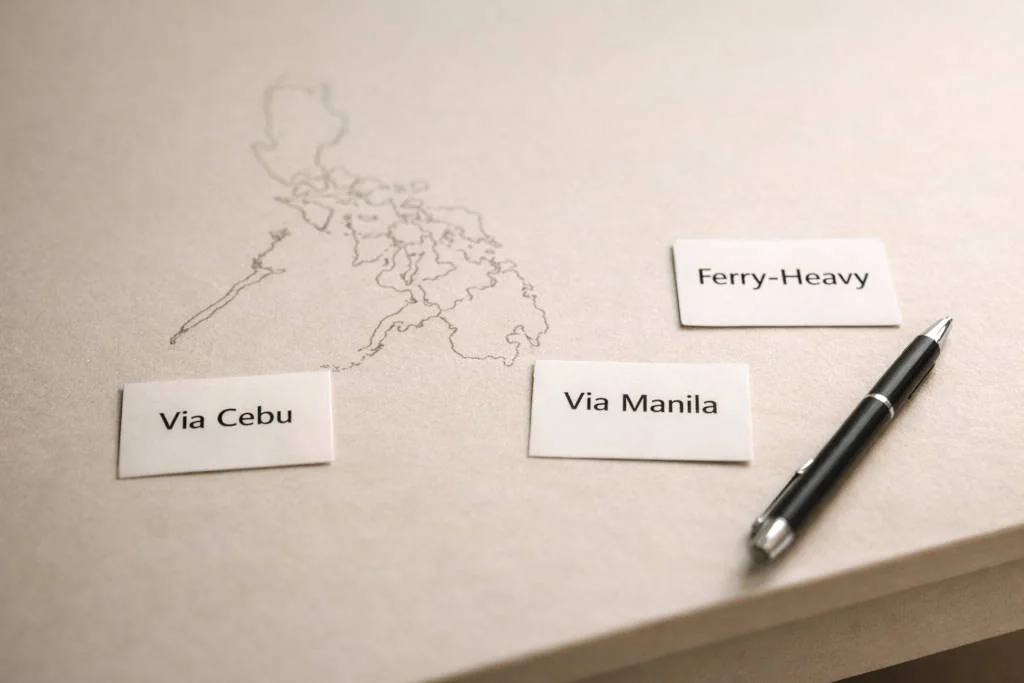 Puerto Princesa to Bohol route options comparison via Cebu, via Manila, and ferry-heavy