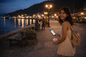 Romblon Nightlife evening waterfront walk with Mika smiling near a calm plaza at dusk