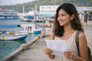 Mika smiling at a port while holding an itinerary for Romblon travel tips