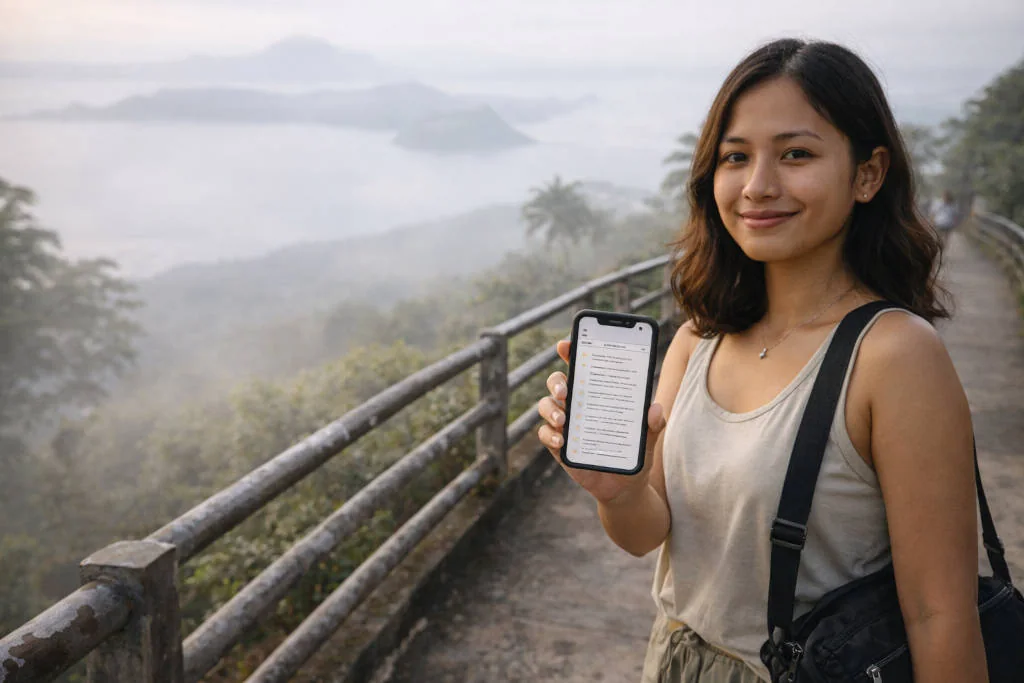 Calm planning checklist at a Tagaytay viewpoint to reduce scams in Tagaytay
