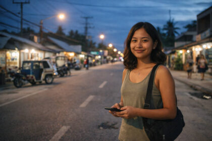 Mika smiling on Tourism Road during Solo Travel Siargao in General Luna with sling bag and phone