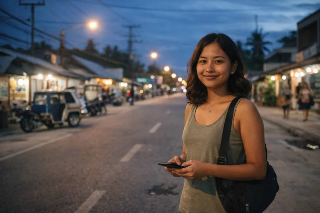 Mika smiling on Tourism Road during Solo Travel Siargao in General Luna with sling bag and phone