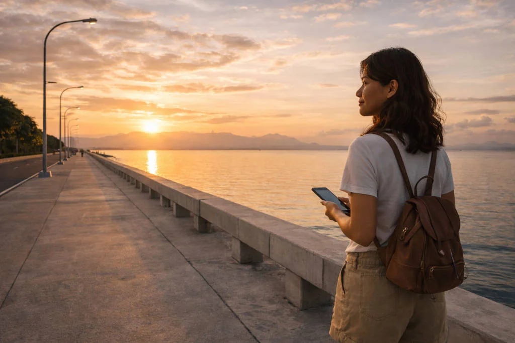 Davao City Coastal Road golden hour seaside walkway, sunset spots in Davao City