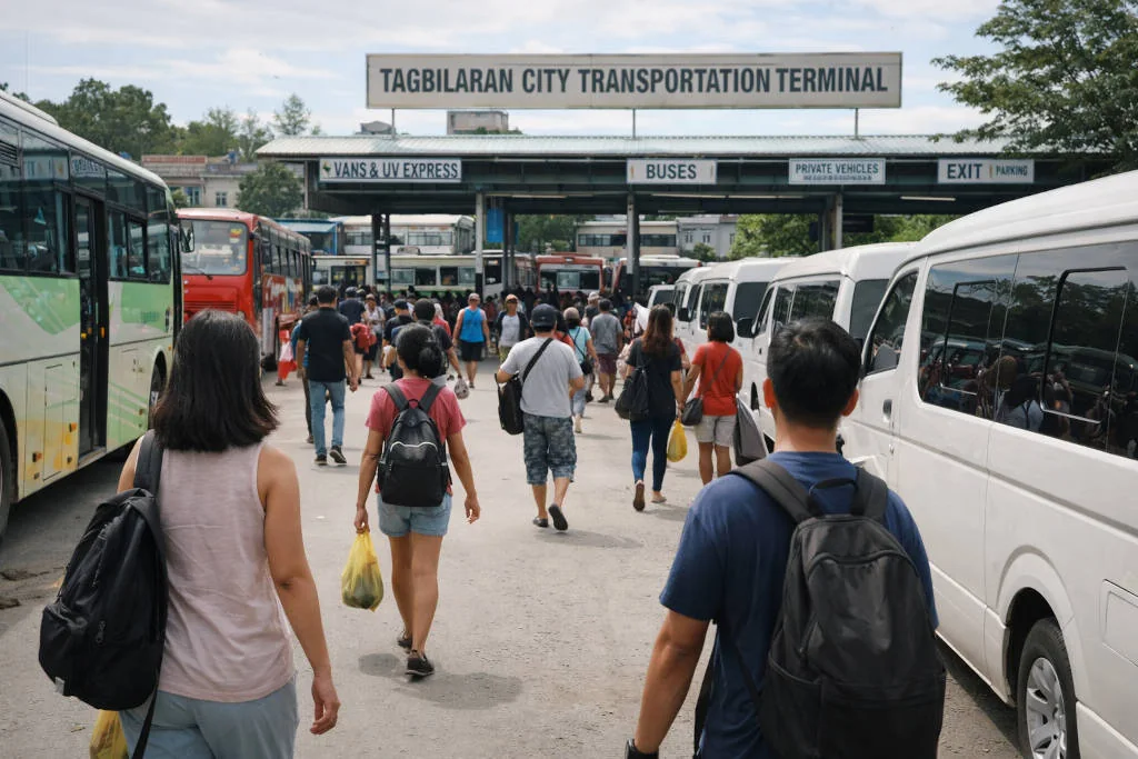 Tagbilaran City transport hub scene for where to stay in Bohol countryside with buses and vans and waiting passengers