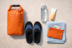 things to do in Coron essentials with dry bag and aqua shoes for Coron island hopping