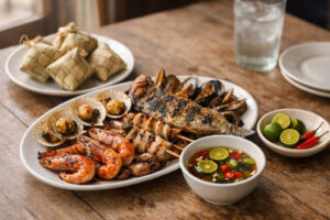 Simple table spread showing what to eat in Mactan with grilled seafood, Pusô, and vinegar dip