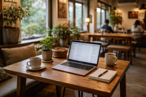 Cozy café work spot in Baguio City for Best Cafes In Baguio with coffee and a laptop-ready table