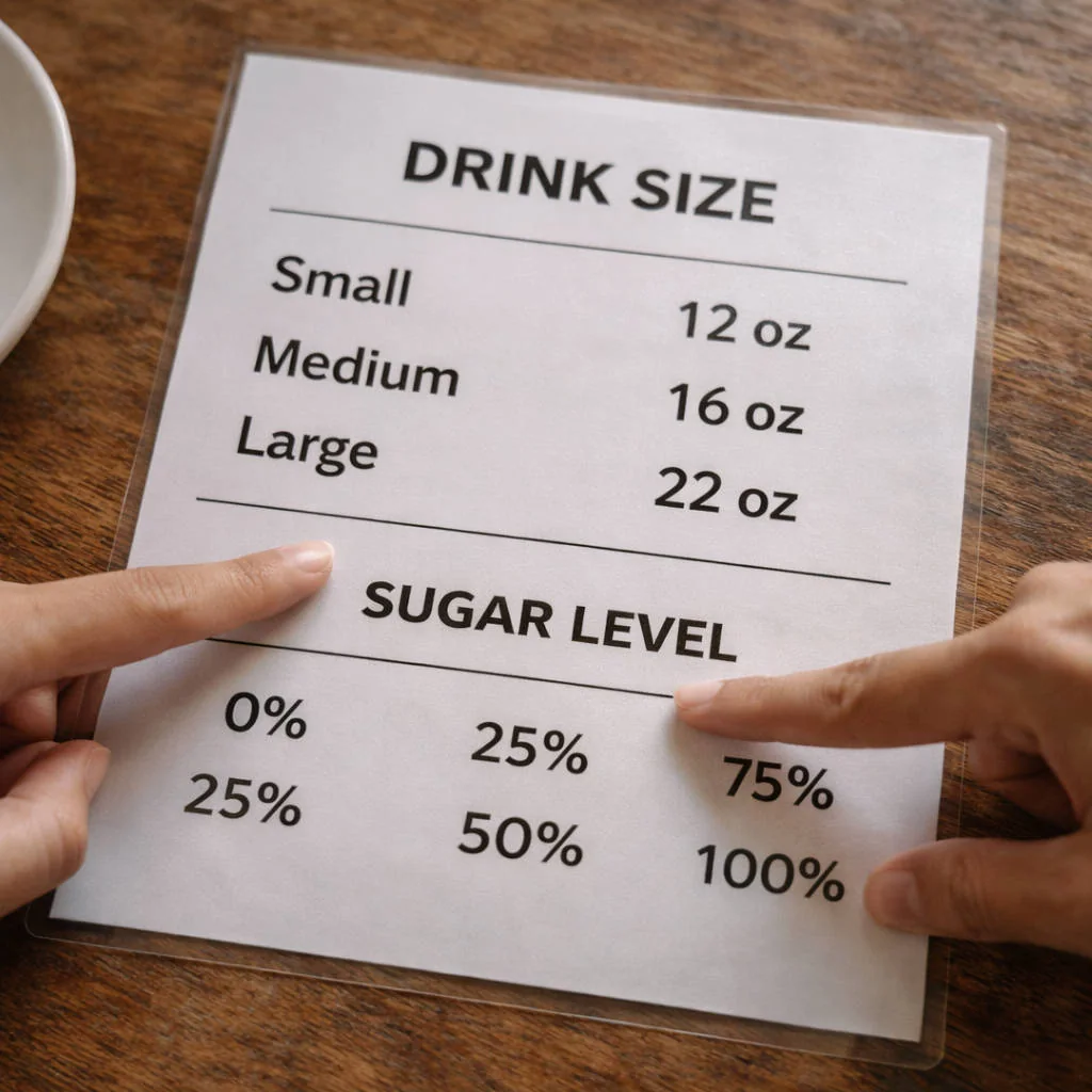 Baguio City café menu for Best Cafes In Baguio showing drink sizes and sugar level choices