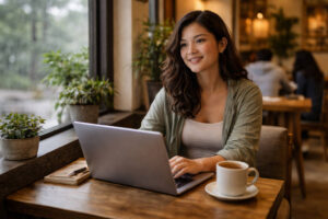 Mika smiling while working on a laptop in a quiet Baguio City café for Best Cafes In Baguio