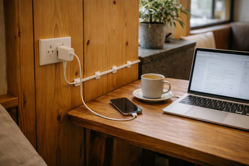 Neat charging setup using a power outlet in a Baguio City café from Best Cafes In Baguio