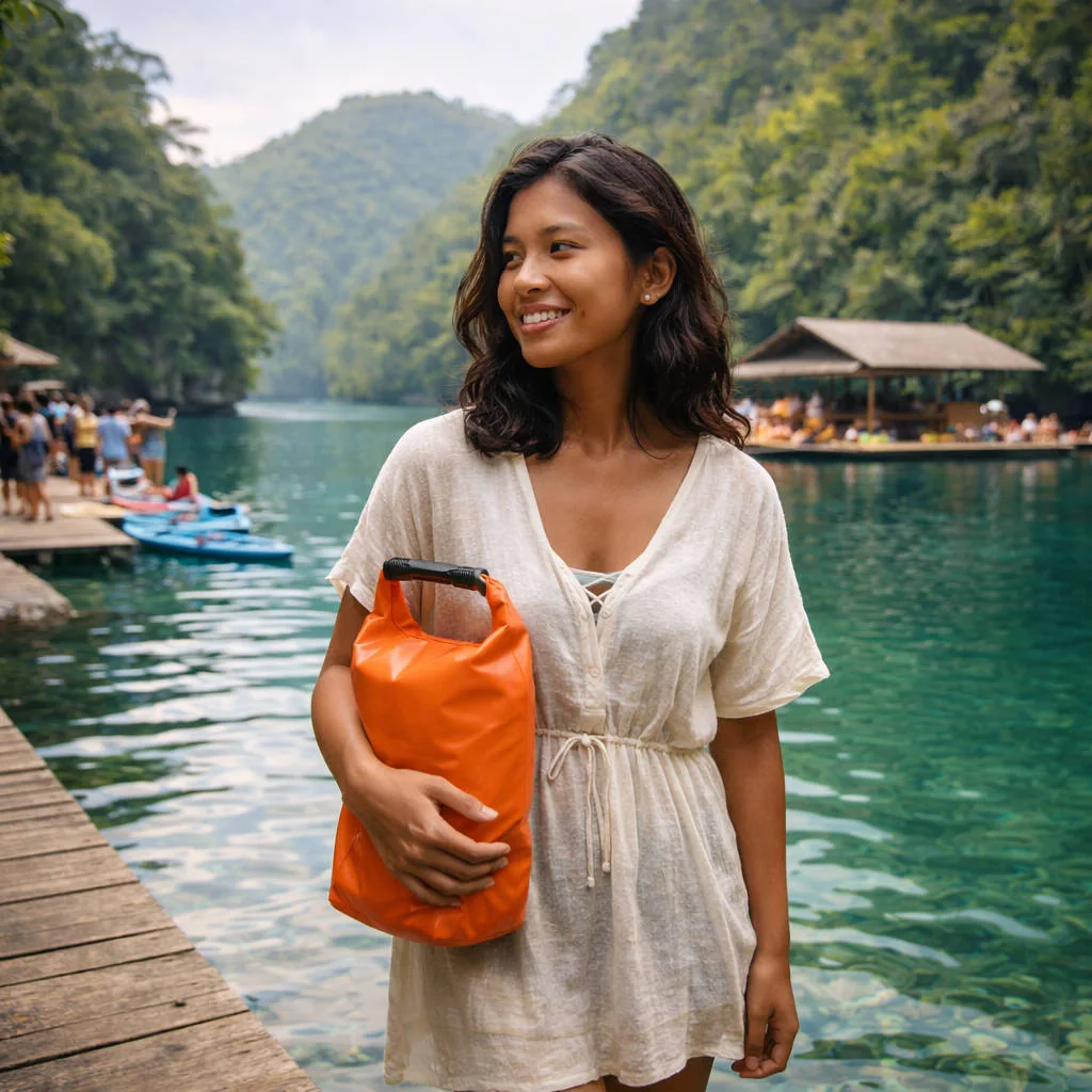Best Time To Visit Sugba Lagoon: Mika Smiling With A Dry Bag During A Low-Stress Sugba Lagoon Visit