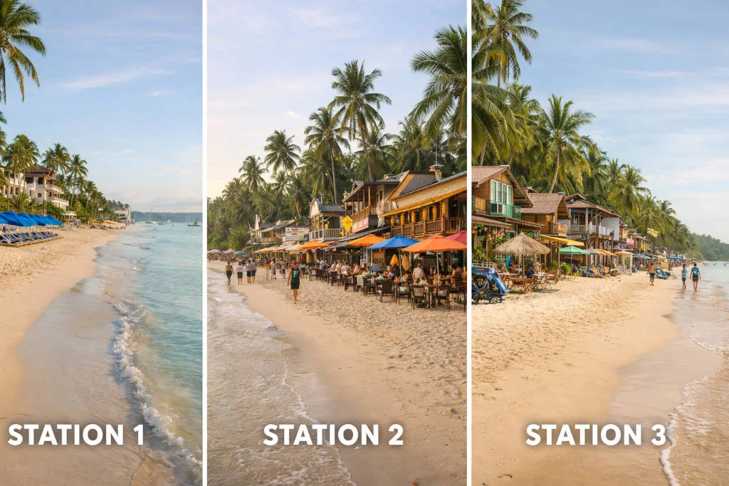 Station 1, Station 2, and Station 3 comparison for a Boracay travel guide