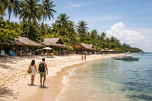 Beachfront in Malapascua Island with simple resorts and clear water