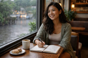Mika smiling in a Cagayan de Oro café during Cagayan de Oro Rainy Season Travel while updating a rainy day plan