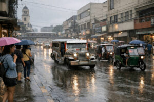 Rainy day in Cagayan de Oro City for Cagayan de Oro Rainy Season Travel with commuters and umbrellas