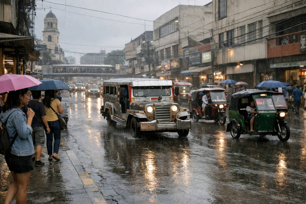 Rainy day in Cagayan de Oro City for Cagayan de Oro Rainy Season Travel with commuters and umbrellas