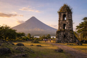 Cagsawa Ruins bell tower framing Mayon Volcano in Daraga, photography spots in Bicol