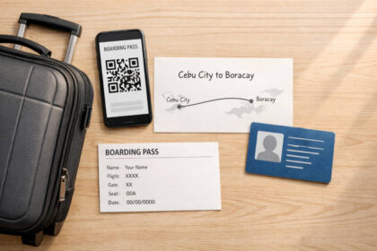 Calm travel flat-lay showing planning items for Cebu City To Boracay