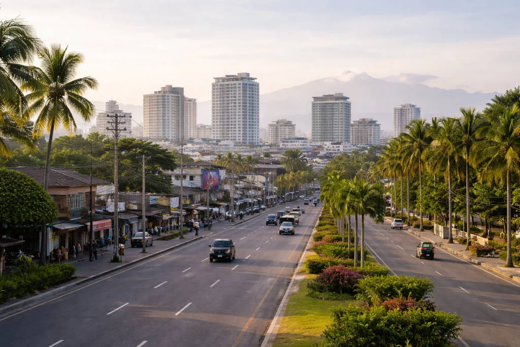 Davao City skyline and everyday urban travel atmosphere for a realistic Davao City itinerary 4 days