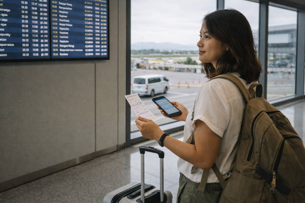 Calm airport-to-road-trip planning scene for Davao City to La Union