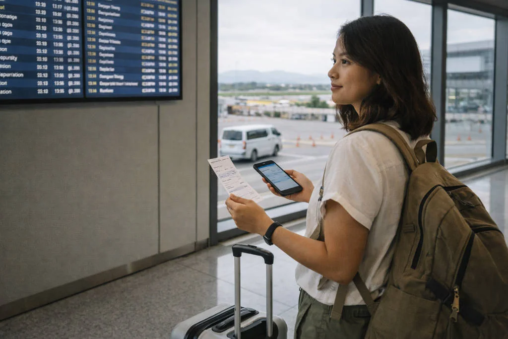 Calm airport-to-road-trip planning scene for Davao City to La Union