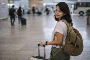 Mika handling a calm low-stress Davao City to La Union connection with a small carry-on