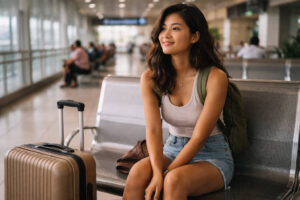 Mika smiling during a calm Dumaguete to La Union transfer pause before the final leg