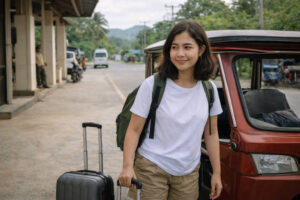 Mika smiling during arrival transfer at El Nido Airport for el nido airport to town