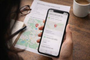 Travel screenshots and booking details prepared before a transfer while planning how to get around Sagada
