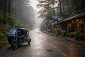 Tricab waiting near Sagada town proper on a cool misty morning showing how to get around Sagada
