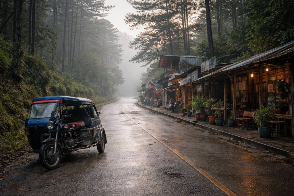 How to Get Around Sagada: Tricycles, Vans, and Local Transport Tricab waiting near Sagada town proper on a cool misty morning showing how to get around Sagada