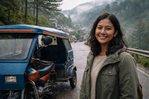 Mika smiling beside a local tricab while reflecting on how to get around Sagada