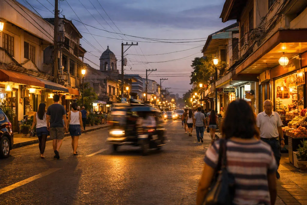 Ilocos Norte Nightlife in Laoag City Proper at dusk with warm lights and a calm street scene
