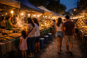 Ilocos Norte Nightlife near the Laoag Night Market area with food stalls and an early evening crowd