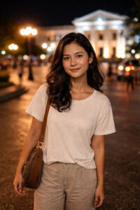 Ilocos Norte Nightlife with Mika Santos smiling during a calm night walk in a well-lit public area