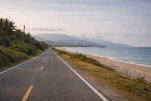 Coastal scene for Ilocos Norte travel guide with open road and windmills