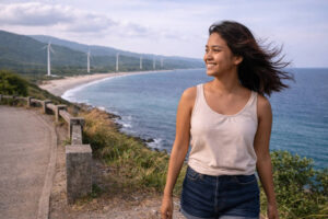 Mika smiling during Ilocos Norte travel guide coastal walk planning scene