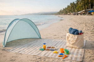 Low-energy beach time in Boracay with Kids with shade and sand toys