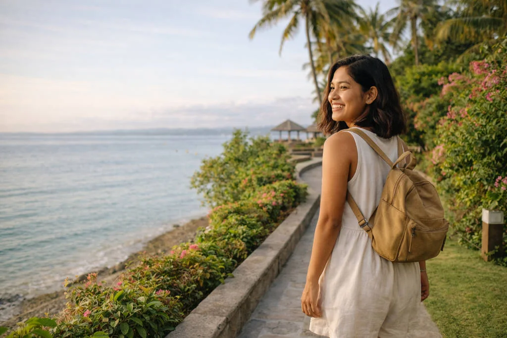 Mika smiling during a relaxed seaside walk for a Mactan Travel Guide