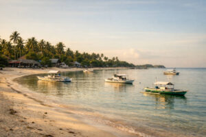 Malapascua Island shoreline with small boats and a calm beach morning