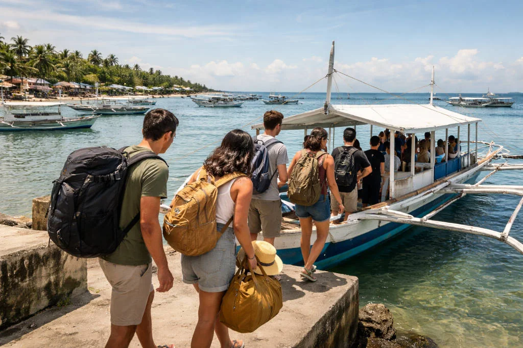 Travelers boarding a boat at Maya Port for Malapascua Island