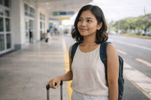 Mika Smiling With Carry On Bag For A Low Stress Puerto Princesa to Iloilo City Trip