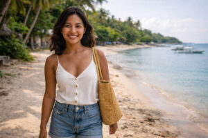 Mika smiling on a beachside path in Malapascua Island