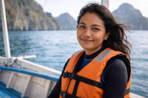 El Nido Tours A B C D Mika smiling on a boat day in El Nido wearing a life vest