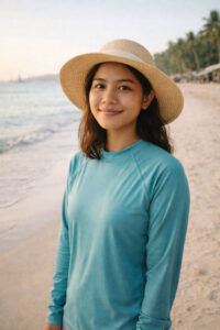 Mika smiling during a calm Boracay with Kids beach morning