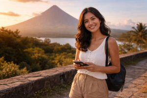 Mika smiling with a phone camera at an easy golden hour photo spot, photography spots in Bicol