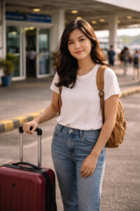 Mika smiling at the ferry terminal entrance before traveling from Iloilo City to Bacolod