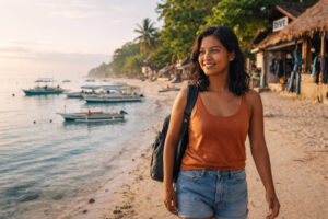 Mika walking along Panagsama for a Moalboal itinerary 3 days