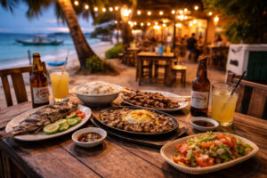 Casual dining setup for a Moalboal Travel Guide with simple local food and relaxed atmosphere